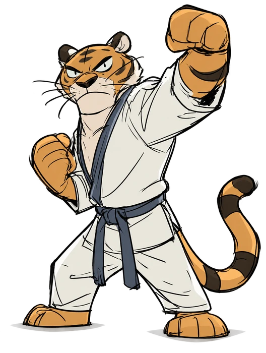 Tiger practicing karate in a white gi